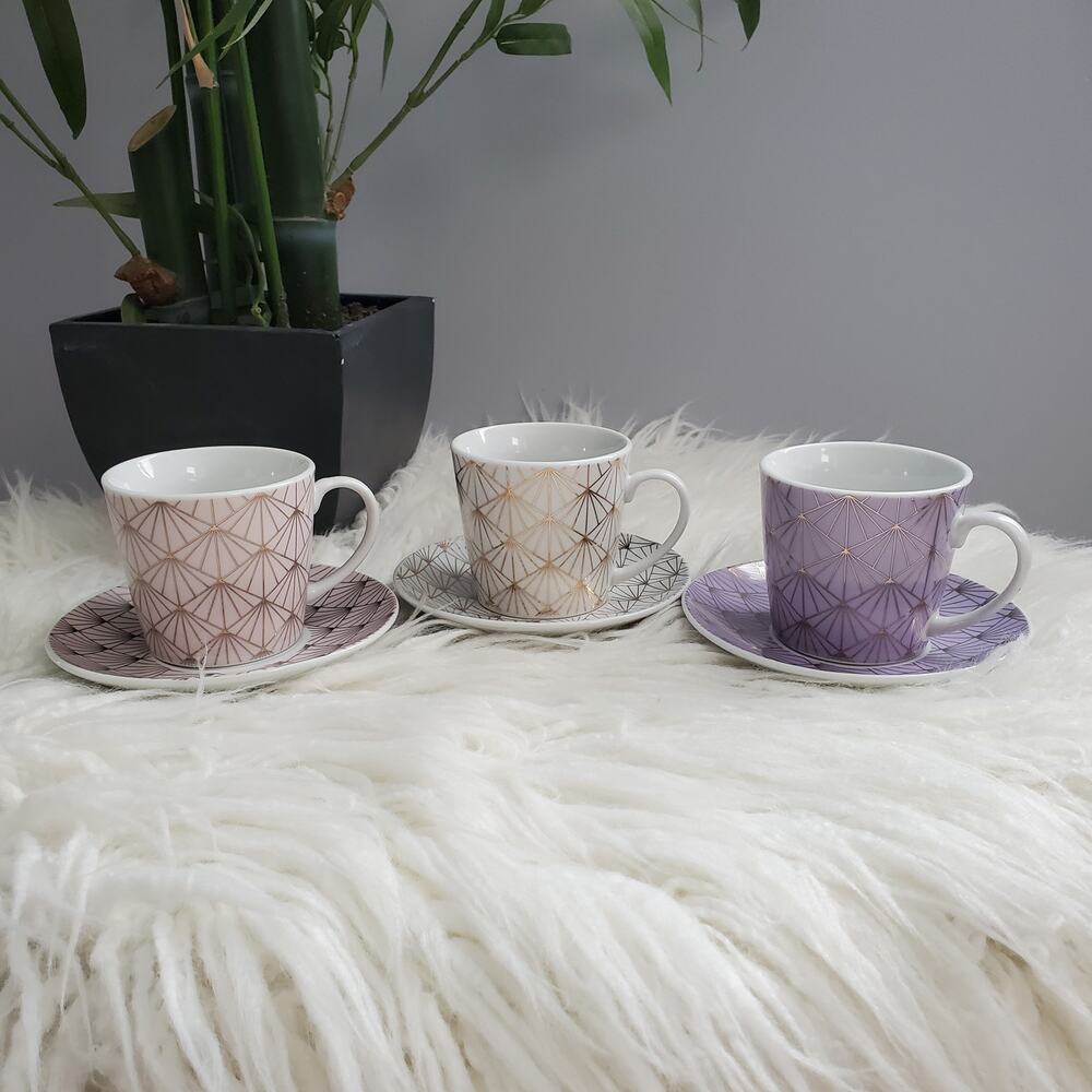 Coco + Lola Geometric Pattern Coffee Tea Mug & Saucer Serveware Set